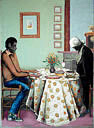 "Grandmother's Dinner," a 1992 oil and collage painting by Benny Andrews